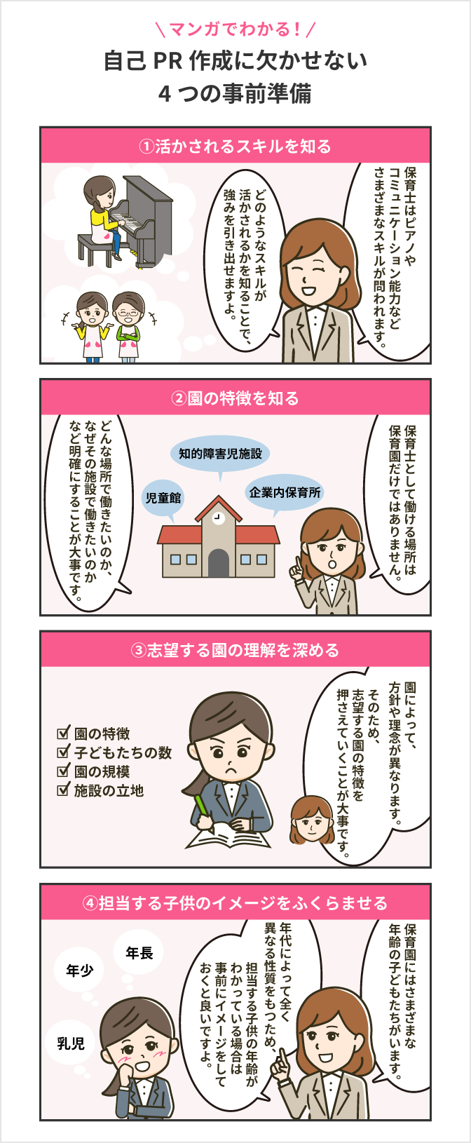 保育士の自己PR作成に欠かせない4つの事前準備のマンガ